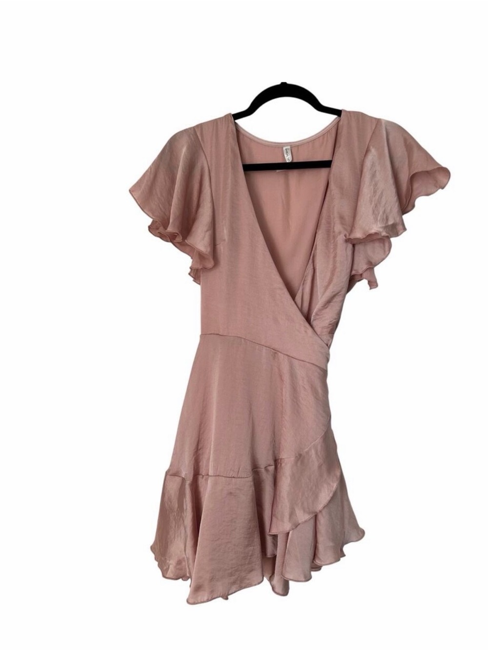 Lucy in the Sky Eliza Wrap Dress in Blush Satin Size L Flutter Sleeve Tiered